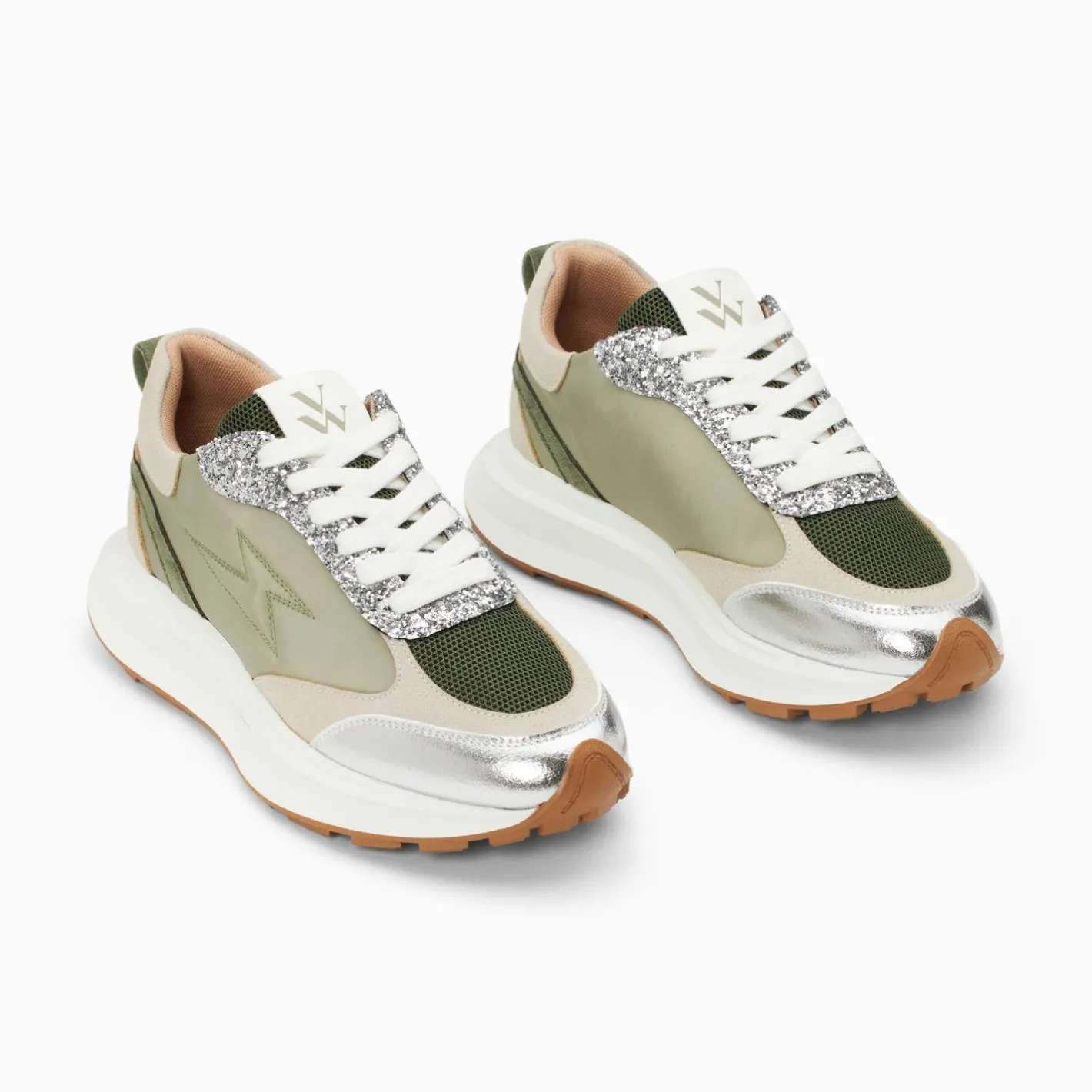 Vanessa Wu Baskets Eclair Esther Kaki Et Argent A Semelle Oversize Outlet