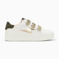 Vanessa Wu Baskets Eclair Lyanna Blanc Et Or A Scratchs Leopard Kaki Hot