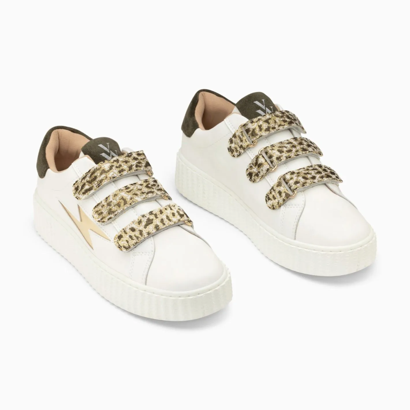 Vanessa Wu Baskets Eclair Lyanna Blanc Et Or A Scratchs Leopard Kaki Hot