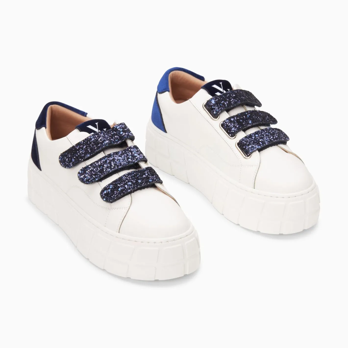 Vanessa Wu Baskets Monica Blanc Et Bleu Marine A Scratchs Glitter Et Plateforme Online