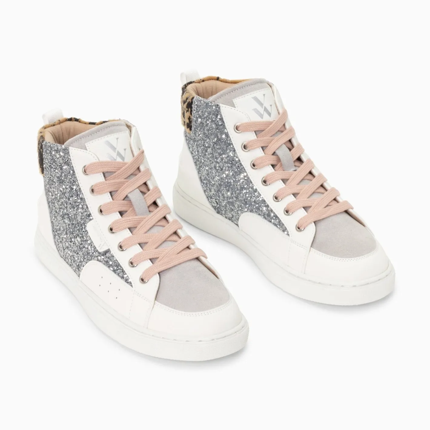Vanessa Wu Baskets Montantes Gwen A Paillettes Argent Et Lacets Vieux Rose Hot