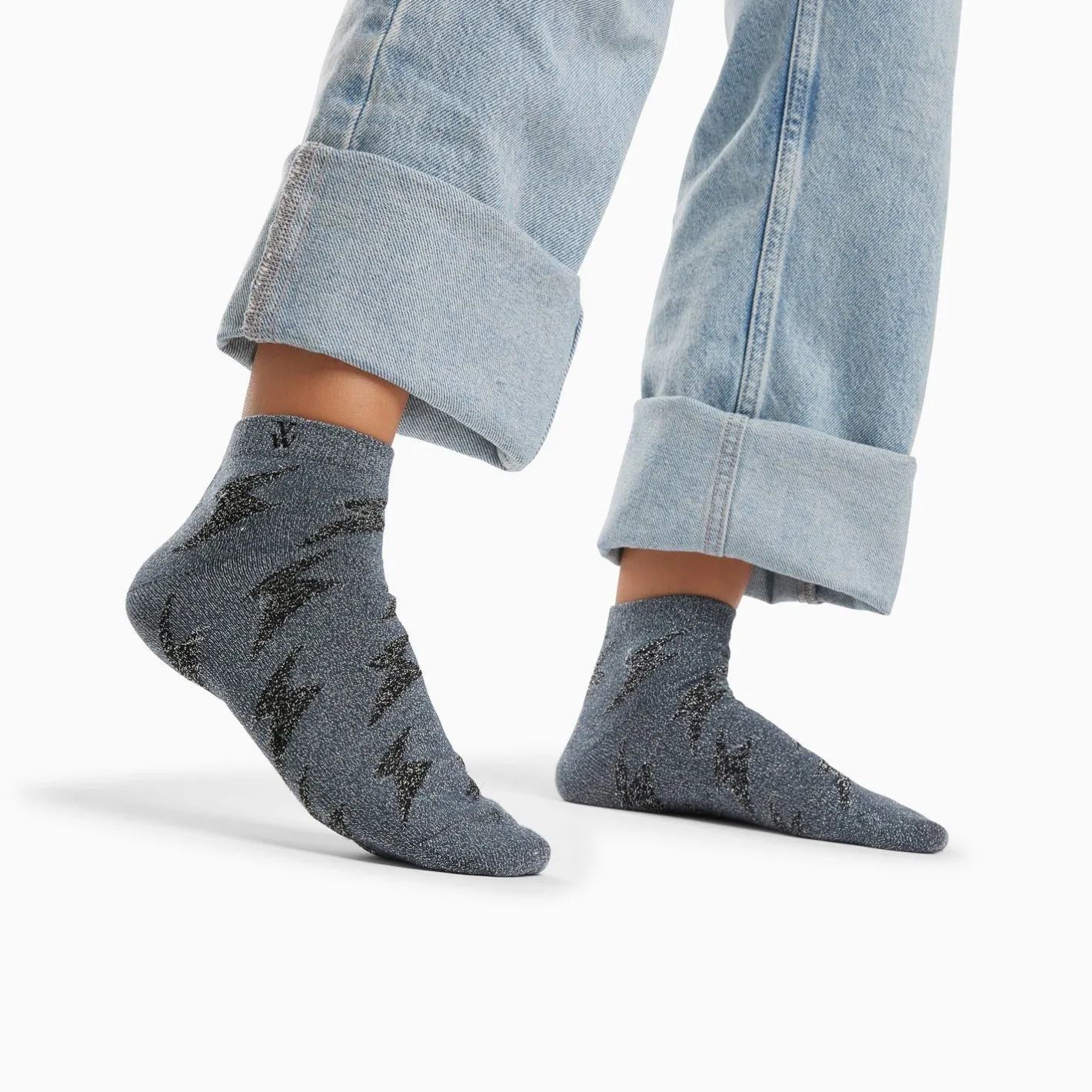 Vanessa Wu Chaussettes Courtes Rachel Grises A Eclairs Noirs Sale