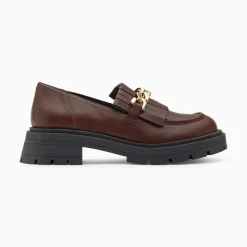 Vanessa Wu Mocassins Angele Marron A Chaine Or Et Semelle Crantee New
