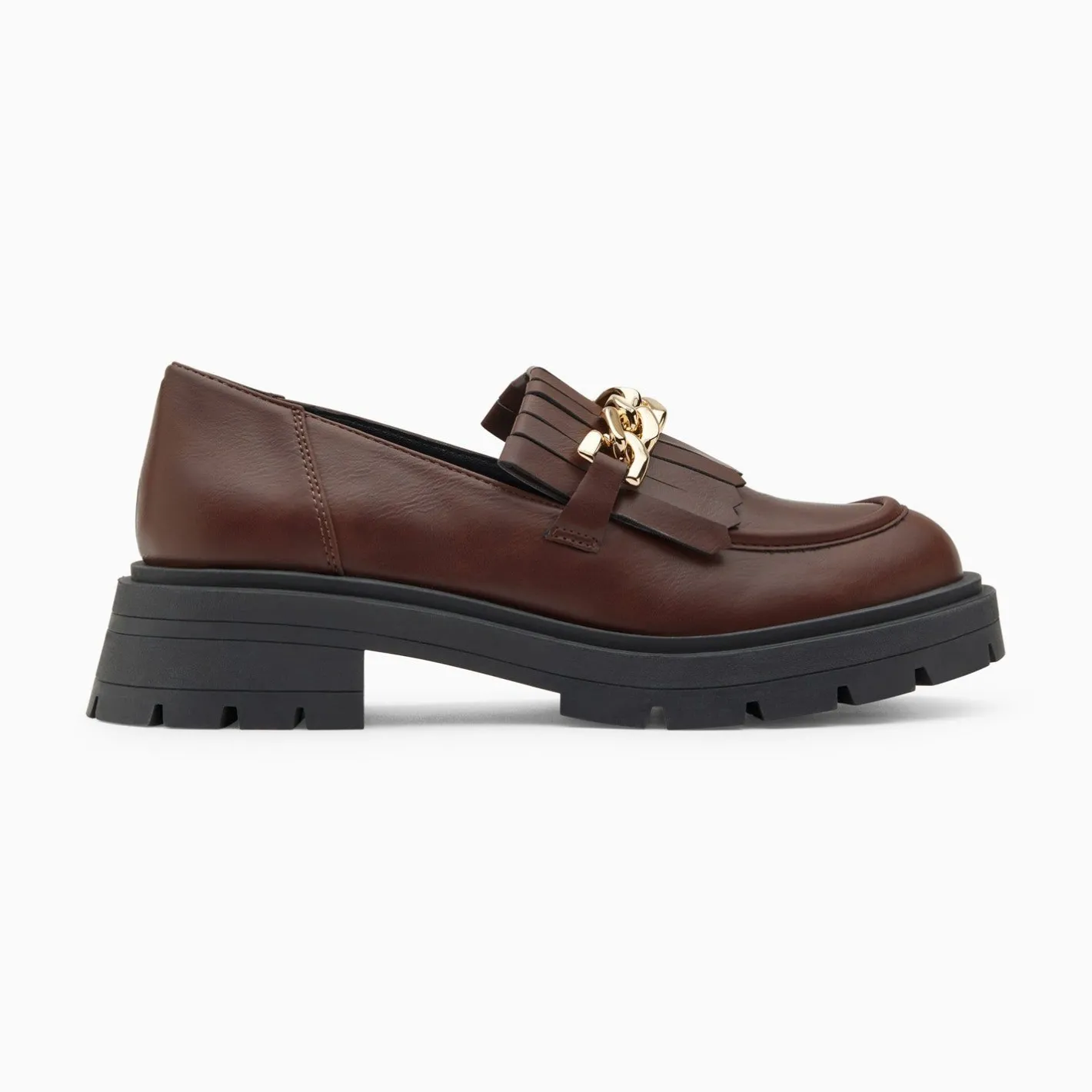 Vanessa Wu Mocassins Angele Marron A Chaine Or Et Semelle Crantee New