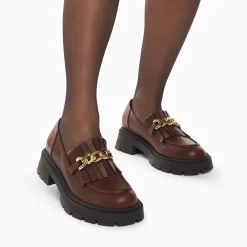 Vanessa Wu Mocassins Angele Marron A Chaine Or Et Semelle Crantee New