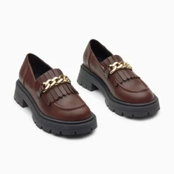 Vanessa Wu Mocassins Angele Marron A Chaine Or Et Semelle Crantee New