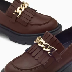Vanessa Wu Mocassins Angele Marron A Chaine Or Et Semelle Crantee New
