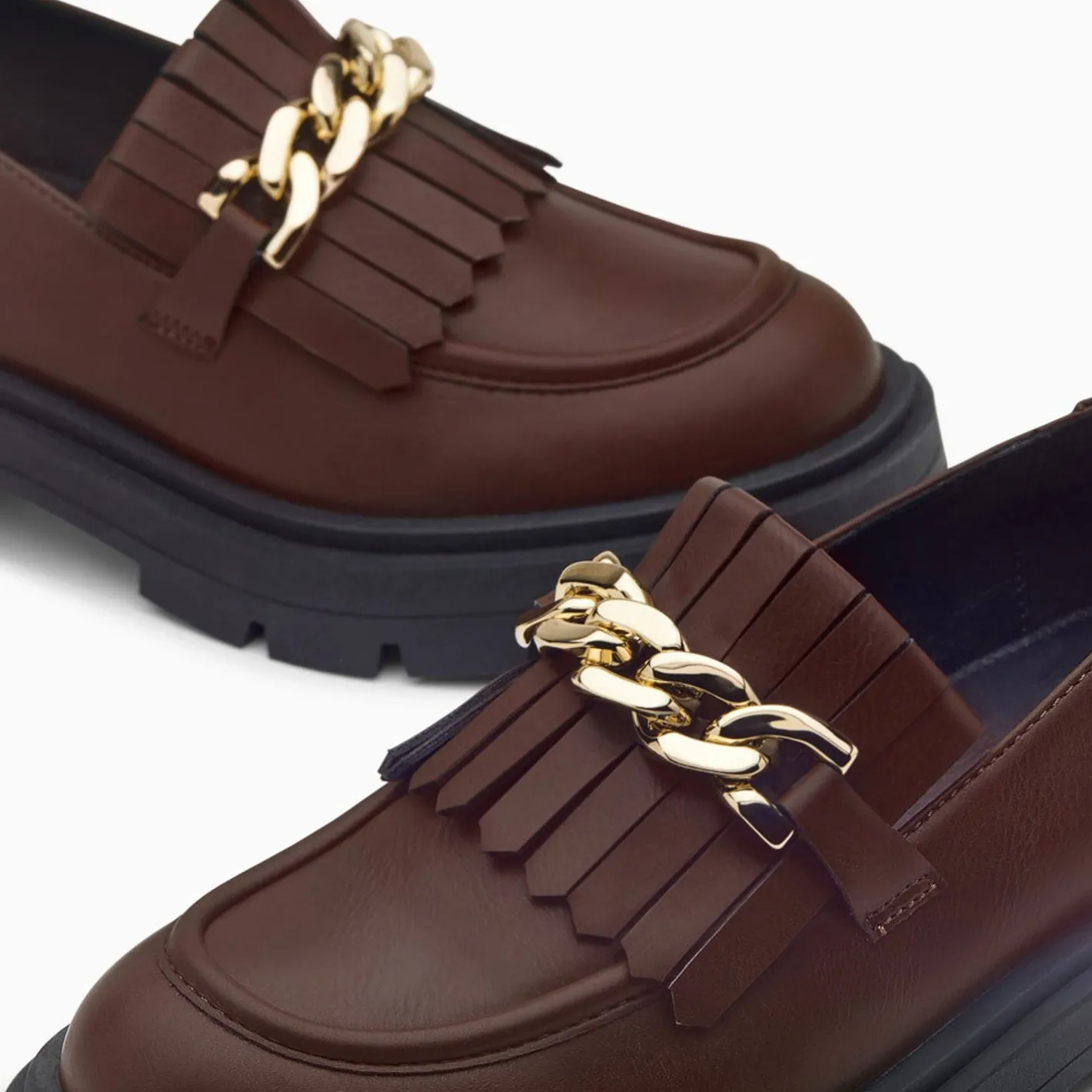 Vanessa Wu Mocassins Angele Marron A Chaine Or Et Semelle Crantee New