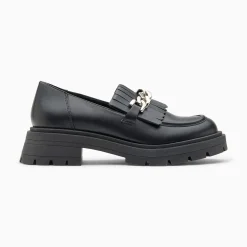 Vanessa Wu Mocassins Angele Noirs A Chaine Argent Et Semelle Crantee Hot