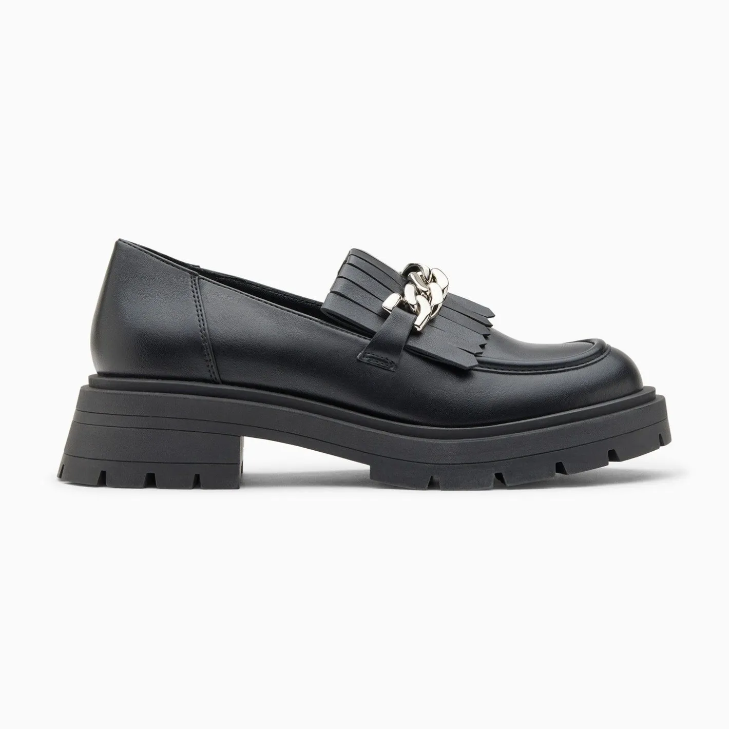 Vanessa Wu Mocassins Angele Noirs A Chaine Argent Et Semelle Crantee Hot