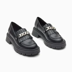 Vanessa Wu Mocassins Angele Noirs A Chaine Argent Et Semelle Crantee Hot