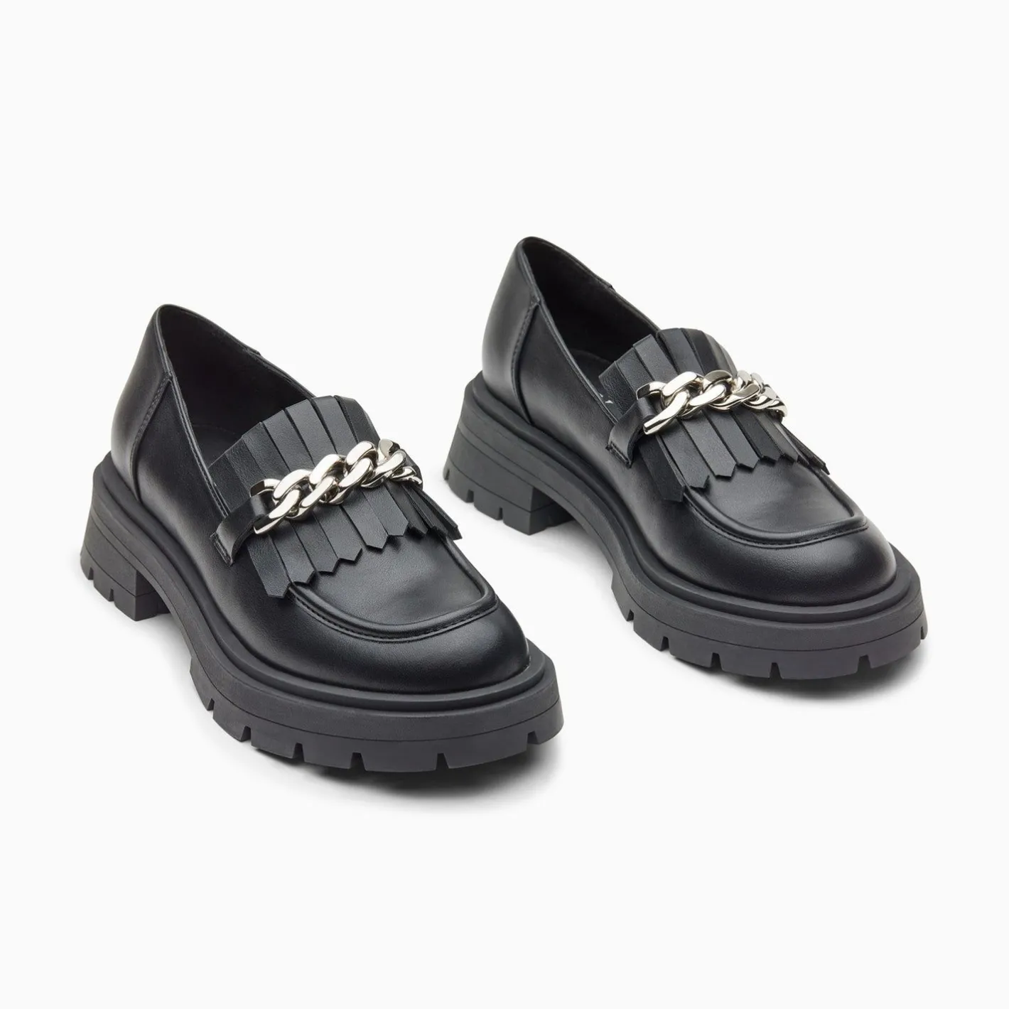 Vanessa Wu Mocassins Angele Noirs A Chaine Argent Et Semelle Crantee Hot