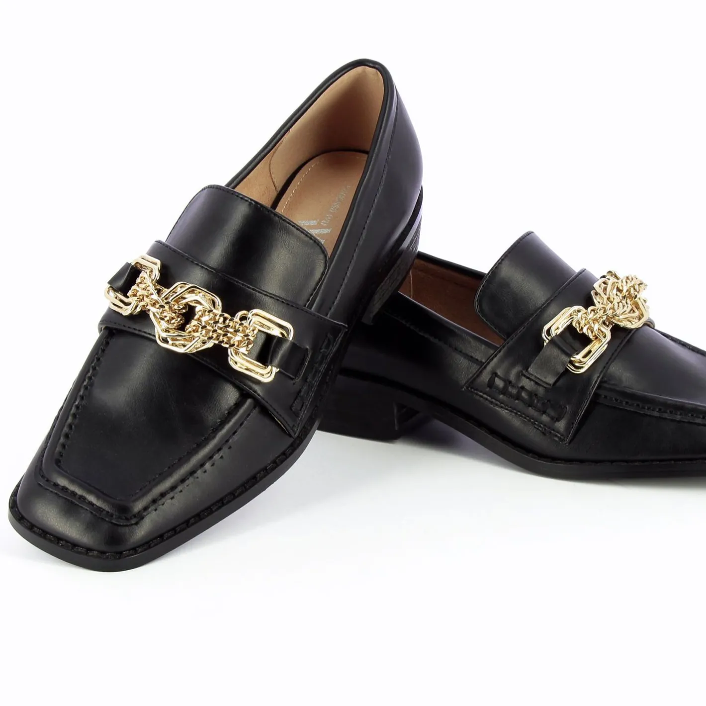 Vanessa Wu Mocassins Denise Noirs A Chaine Or Multi-Maillons Clearance