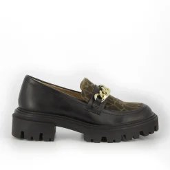 Vanessa Wu Mocassins Simone Noir Et Kaki A Semelle Crantee Hot