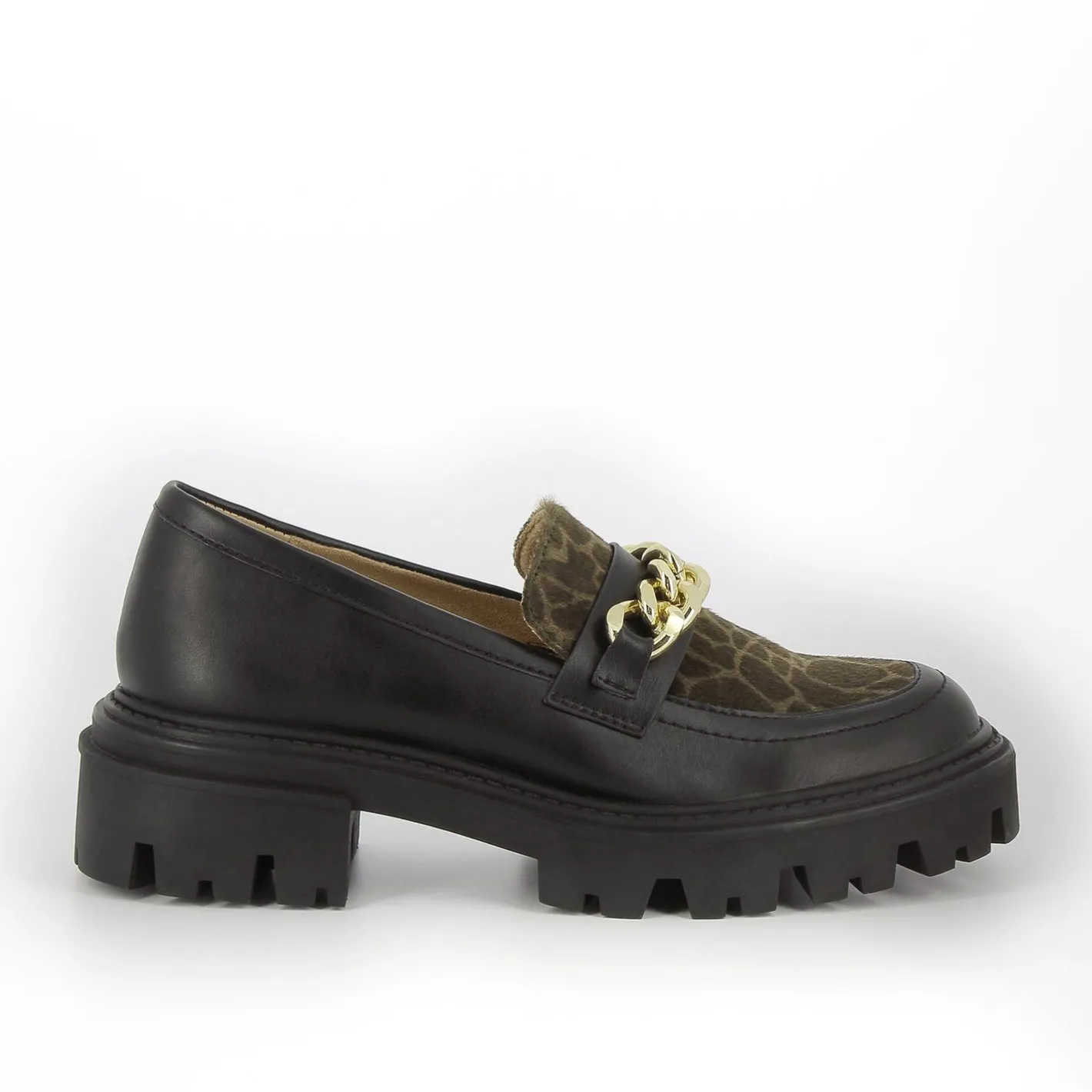 Vanessa Wu Mocassins Simone Noir Et Kaki A Semelle Crantee Hot