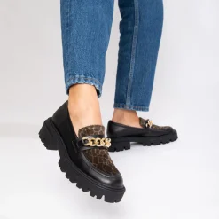 Vanessa Wu Mocassins Simone Noir Et Kaki A Semelle Crantee Hot
