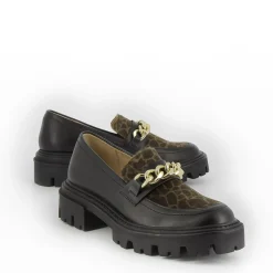 Vanessa Wu Mocassins Simone Noir Et Kaki A Semelle Crantee Hot