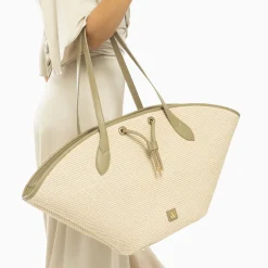 Vanessa Wu Panier Oversize Vivienne En Raphia Beige A Details Kaki Hot