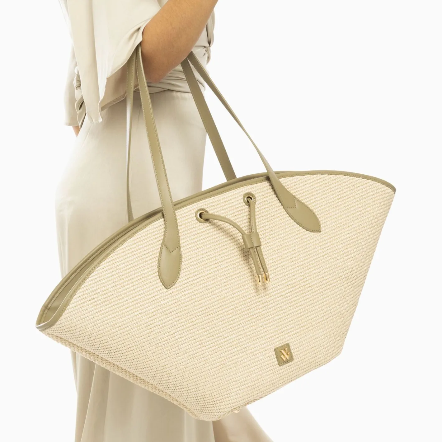 Vanessa Wu Panier Oversize Vivienne En Raphia Beige A Details Kaki Hot