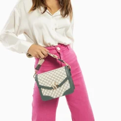 Vanessa Wu Petit Sac Cartable Karen Vert A Toile Monogramme Sale