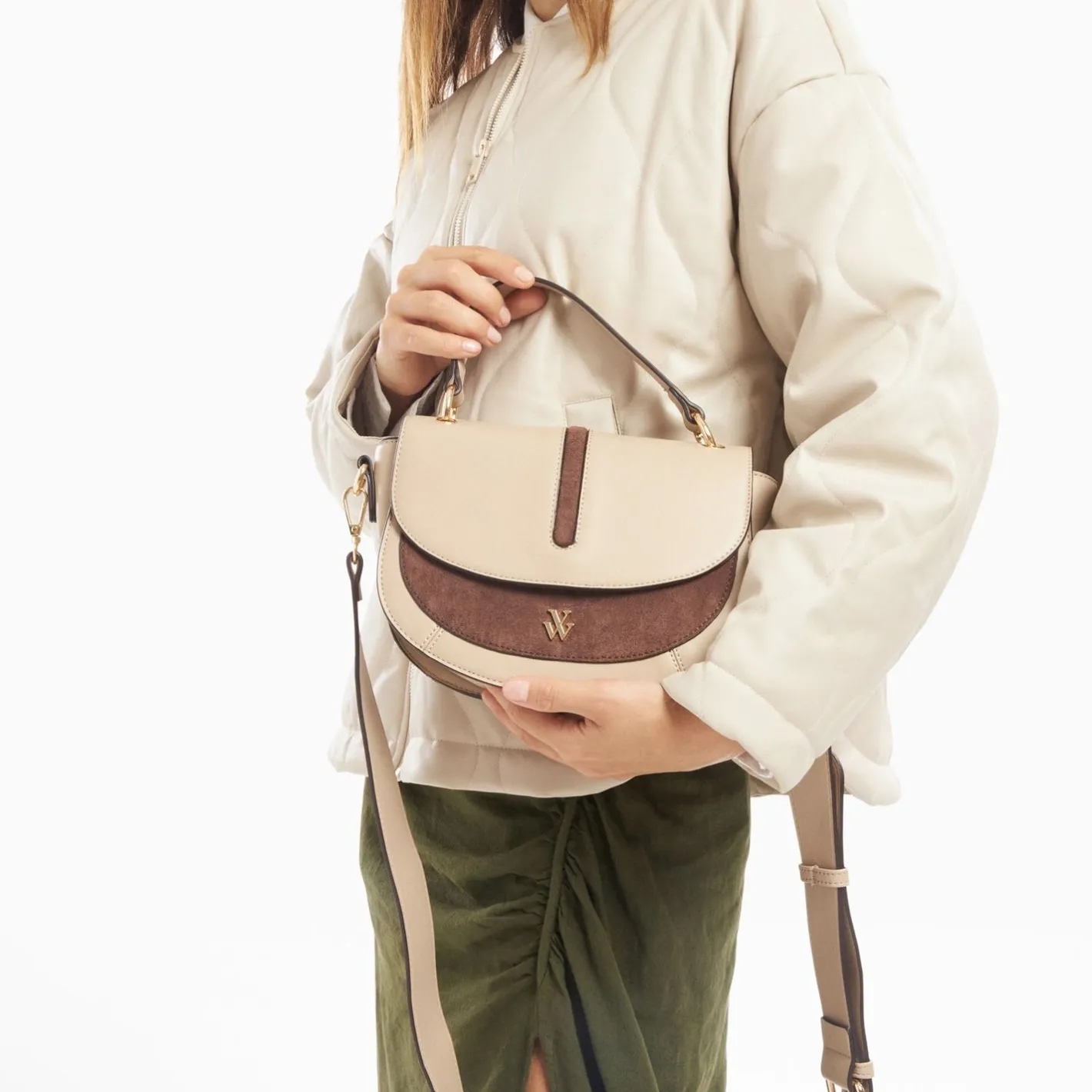 Vanessa Wu Sac A Main Loeline Bi-Matiere Taupe Outlet