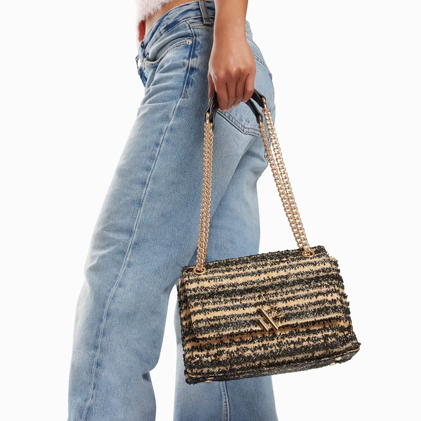 Vanessa Wu Sac A Main Naomi Noir Et Beige A Chaine Clearance
