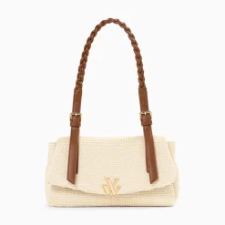 Vanessa Wu Sac Baguette Isaline En Raphia Beige Clair A Anse Tressee