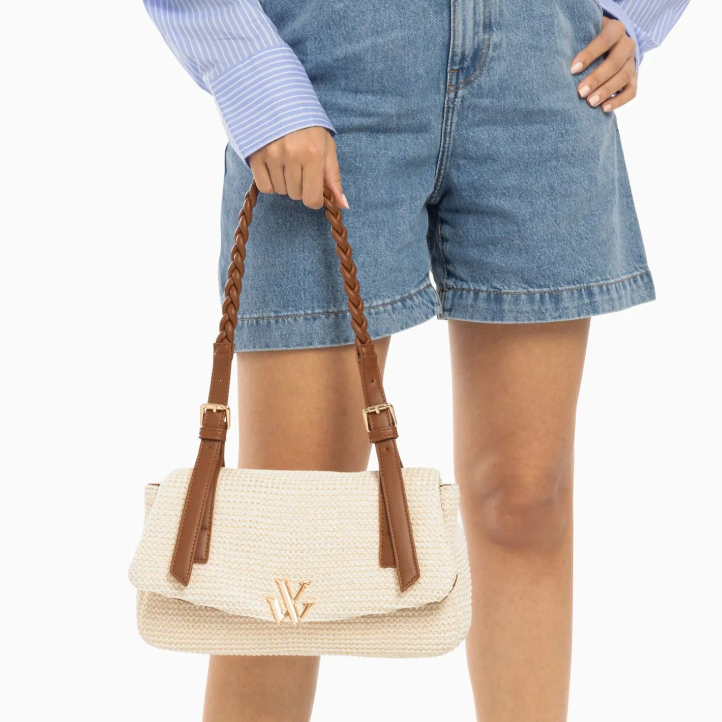 Vanessa Wu Sac Baguette Isaline En Raphia Beige Clair A Anse Tressee