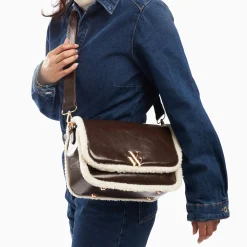 Vanessa Wu Sac Bandouliere Bertina Marron A Rabat Et Faux Shearling Outlet