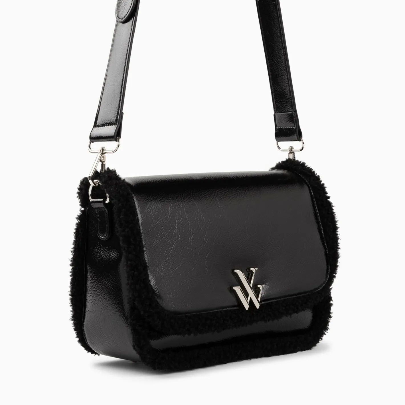 Vanessa Wu Sac Bandouliere Bertina Noir A Rabat Et Faux Shearling Sale