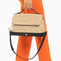 Vanessa Wu Sac Cartable Katie En Raphia Beige A Details Noirs Best