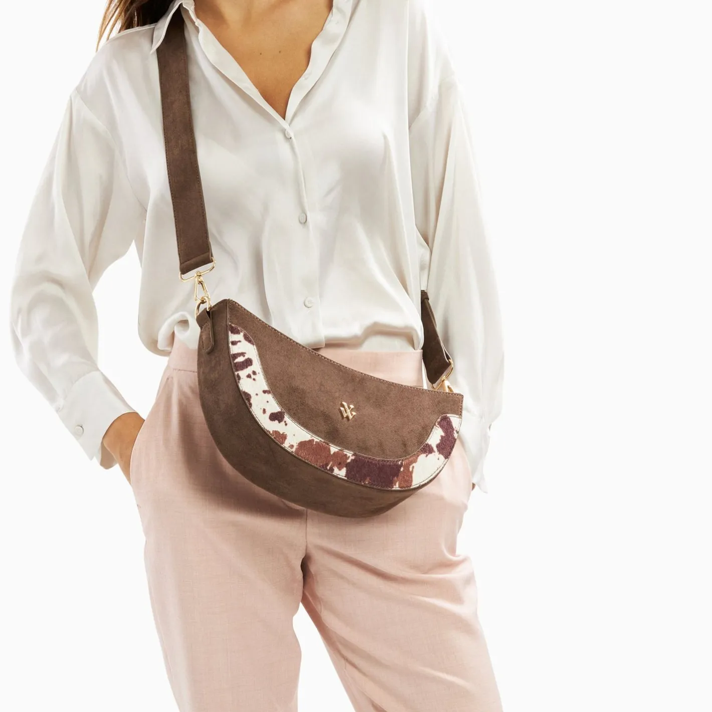 Vanessa Wu Sac Demi-Lune Rym Taupe Bi-Matiere Discount