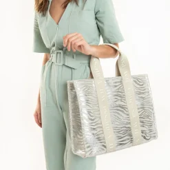 Vanessa Wu Sac Shopper Carolina Zebre Argent A Anses Beige Clearance
