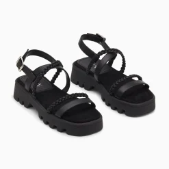 Vanessa Wu Sandales Bonnie Noires A Brides Tressees Et Plateforme Crantee Outlet