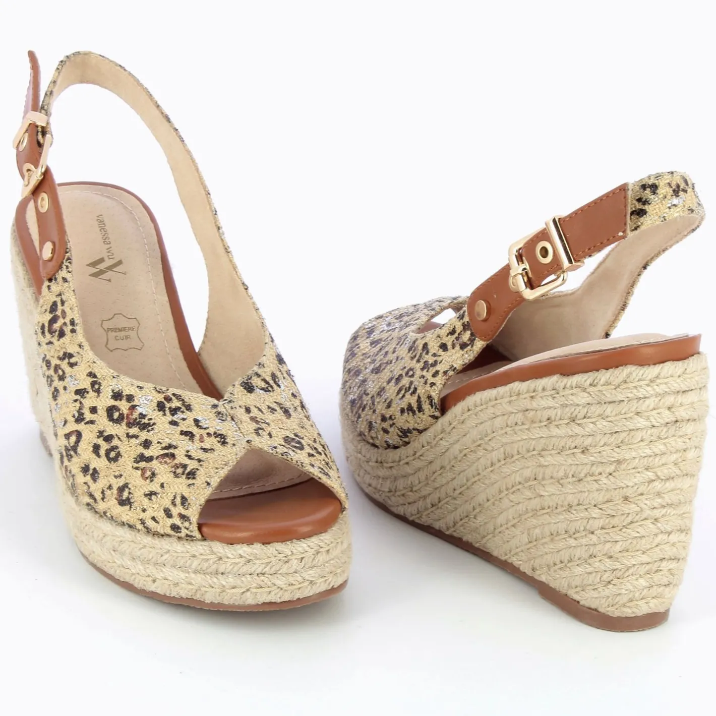 Vanessa Wu Sandales Compensees Gaelle En Tweed Leopard Beige Hot