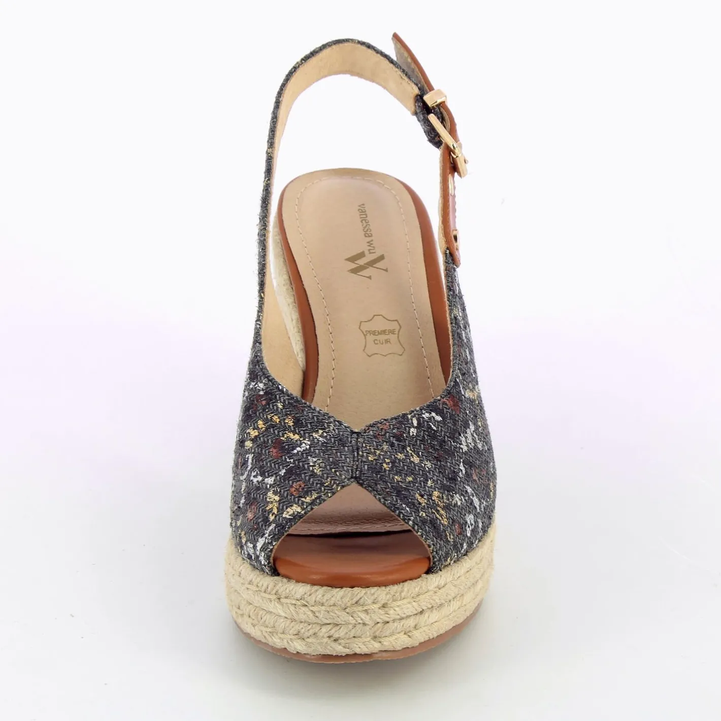 Vanessa Wu Sandales Compensees Gaelle En Tweed Leopard Anthracite Outlet