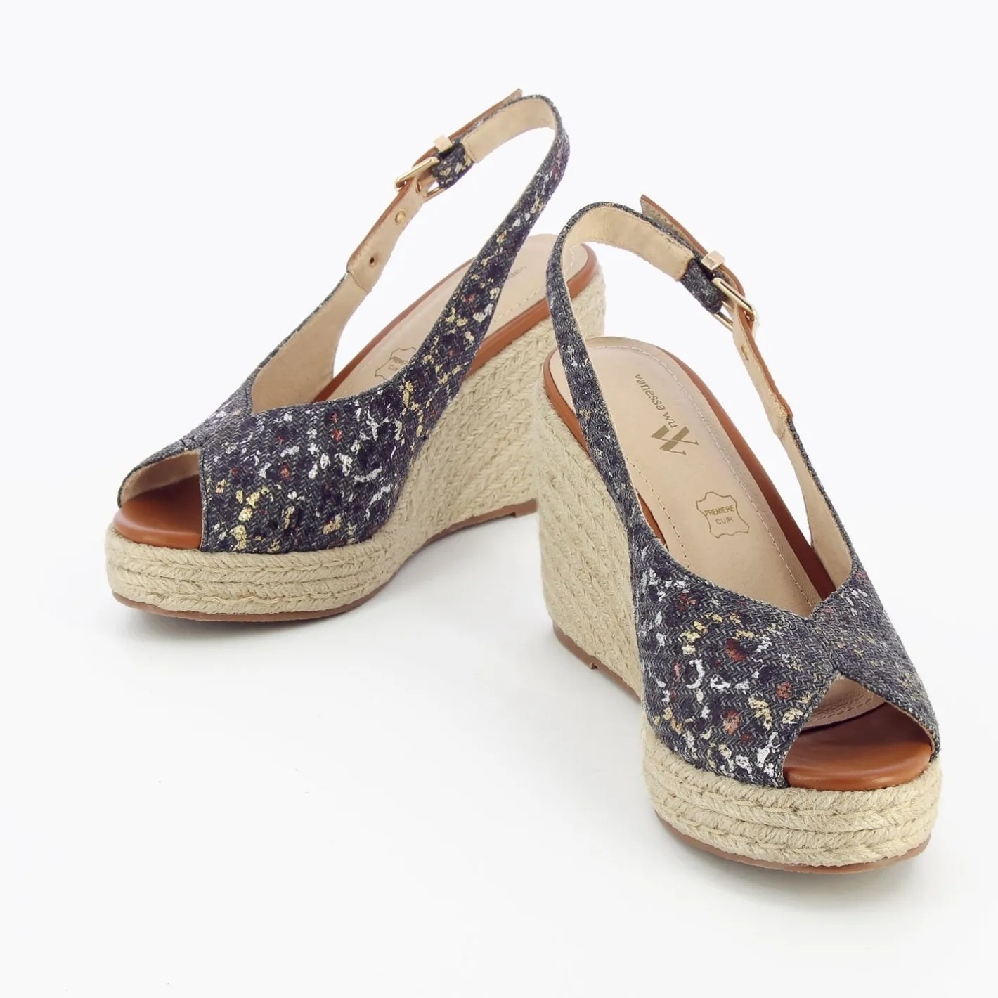 Vanessa Wu Sandales Compensees Gaelle En Tweed Leopard Anthracite Outlet