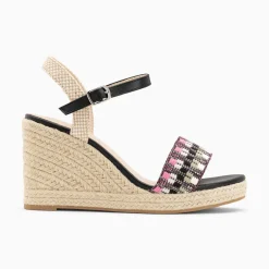 Vanessa Wu Sandales Compensees Honorine Noir Et Rose En Tissu Jacquard New