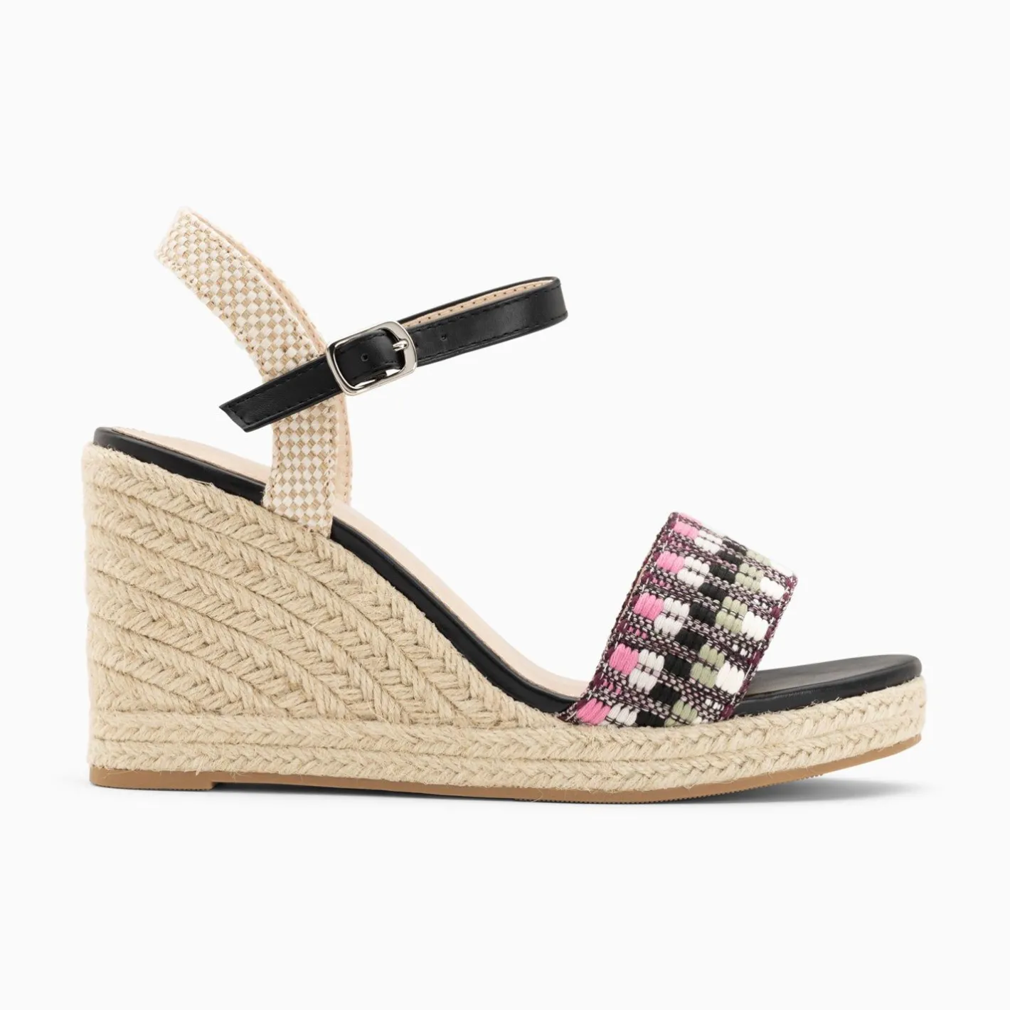 Vanessa Wu Sandales Compensees Honorine Noir Et Rose En Tissu Jacquard New