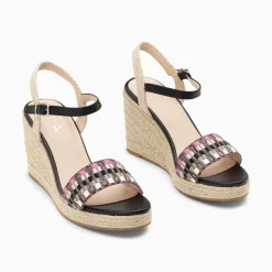 Vanessa Wu Sandales Compensees Honorine Noir Et Rose En Tissu Jacquard New