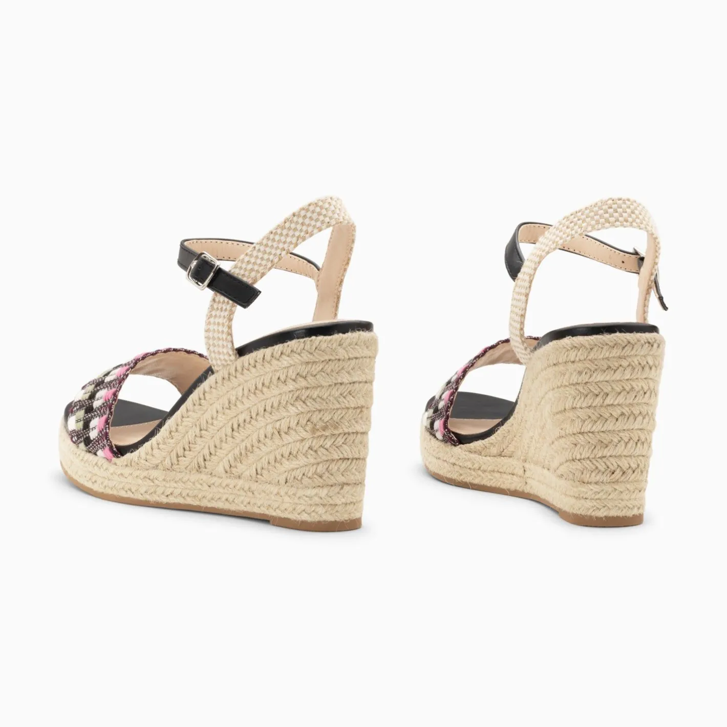Vanessa Wu Sandales Compensees Honorine Noir Et Rose En Tissu Jacquard New