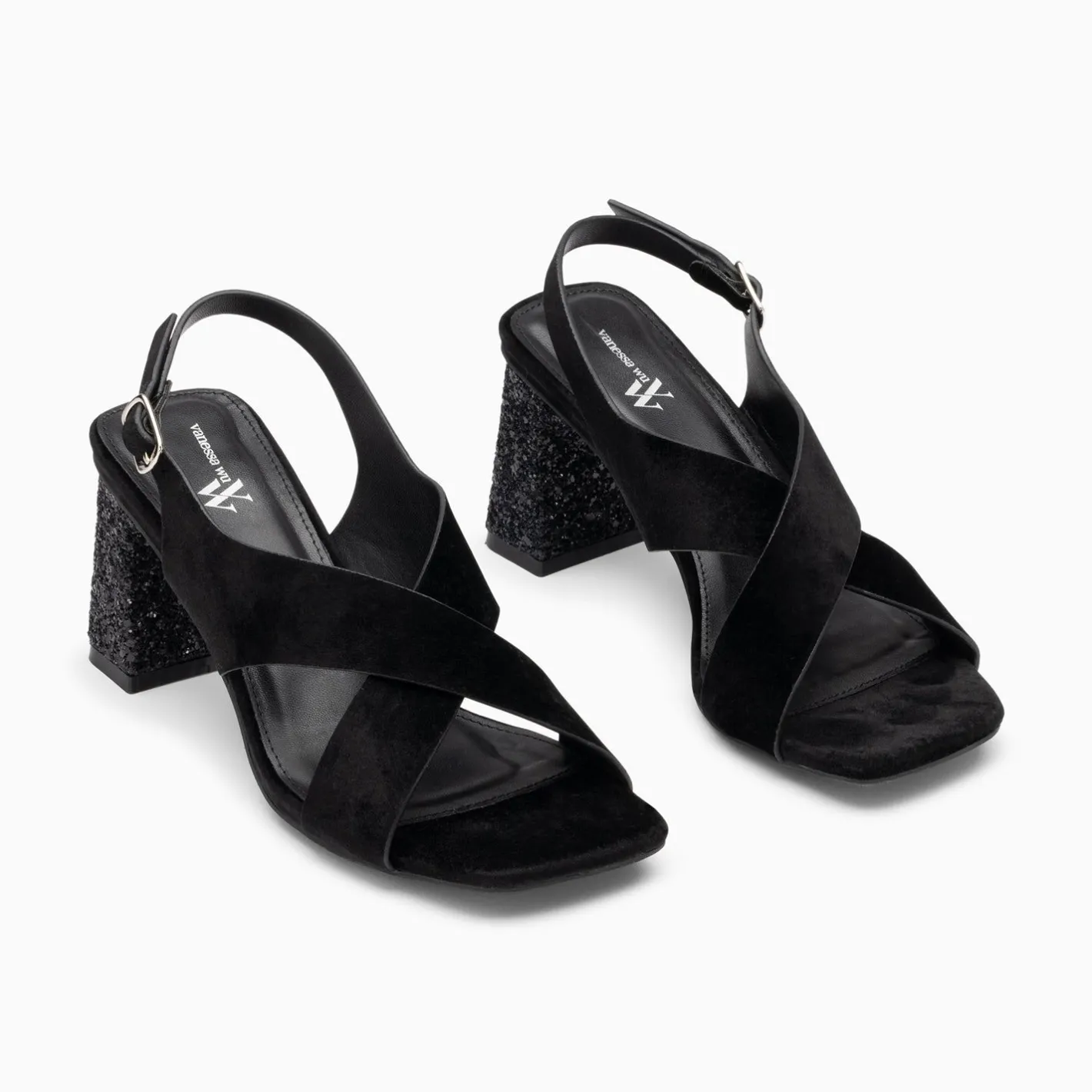 Vanessa Wu Sandales Milan Noires A Brides Croisees Et Talon Noir Paillete Sale