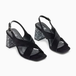 Vanessa Wu Sandales Milan Noires A Brides Croisees Et Talon Argent Paillete Clearance