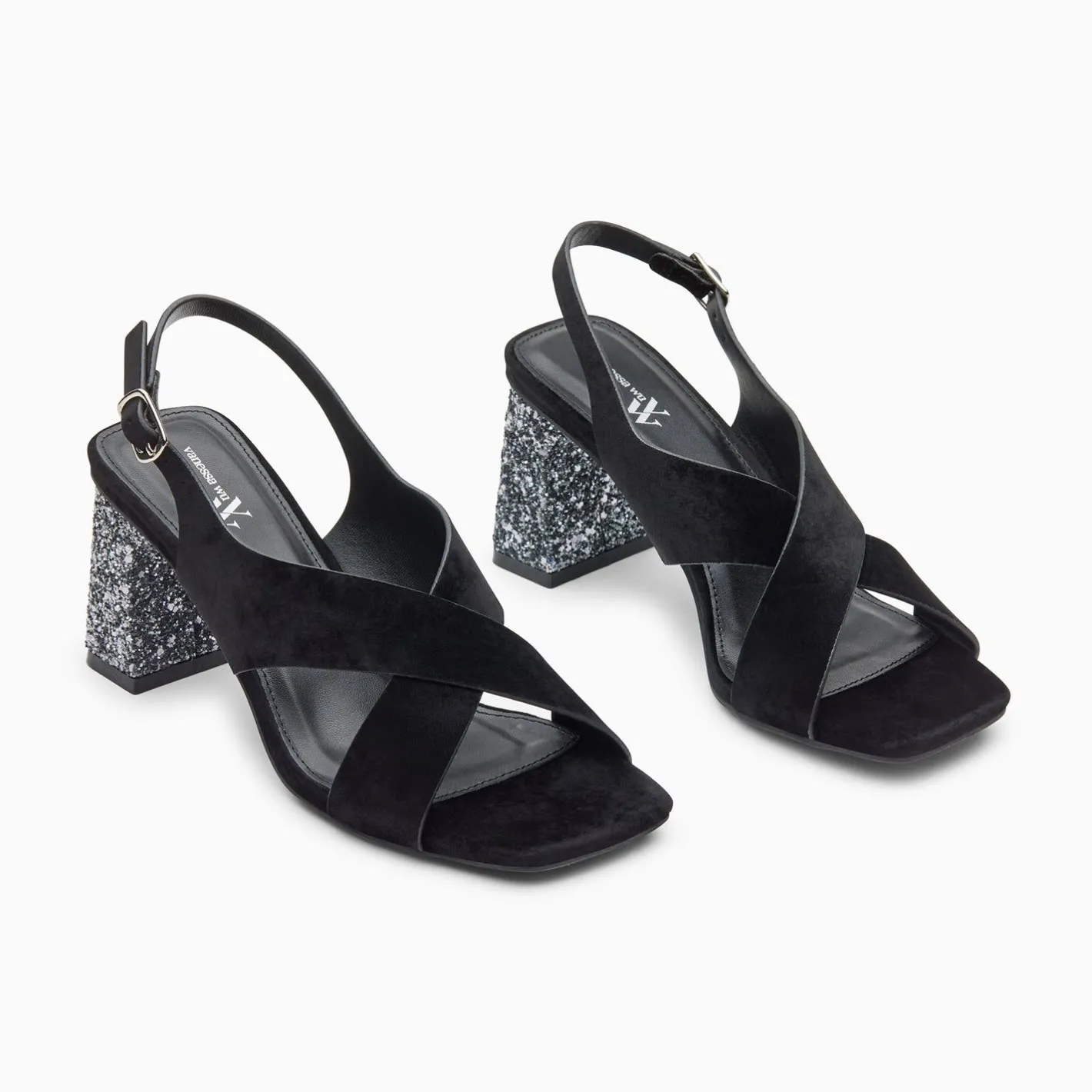 Vanessa Wu Sandales Milan Noires A Brides Croisees Et Talon Argent Paillete Clearance