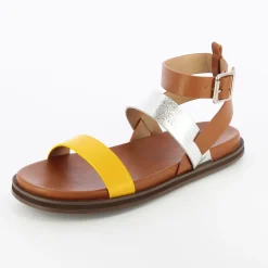 Vanessa Wu Sandales Plates Ninon Camel A Brides Argent Et Jaune Hot